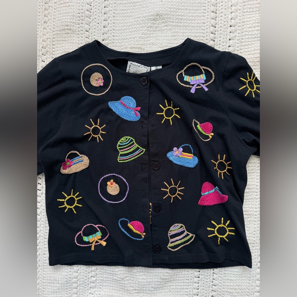 Michael Simon Vintage Embroidered Sun Hat Cardigan Sweater Size Medium Cotton
